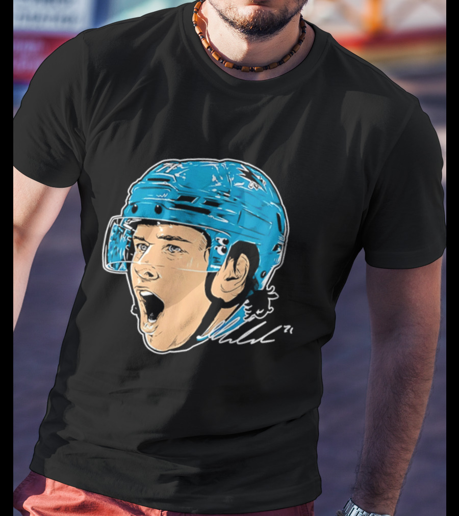 San Jose Sharks NHL 71 Yelling Hockey Player Helmet Caricature T-Shirt