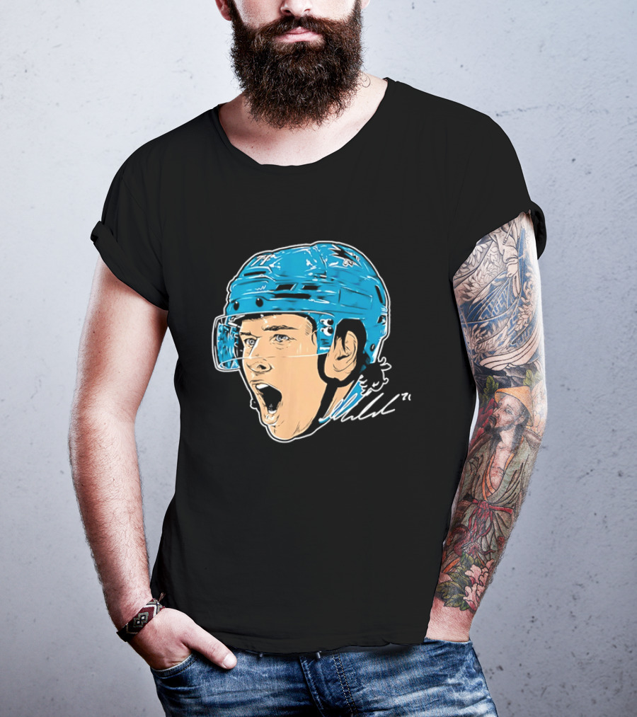 San Jose Sharks NHL 71 Yelling Hockey Player Helmet Caricature T-Shirt