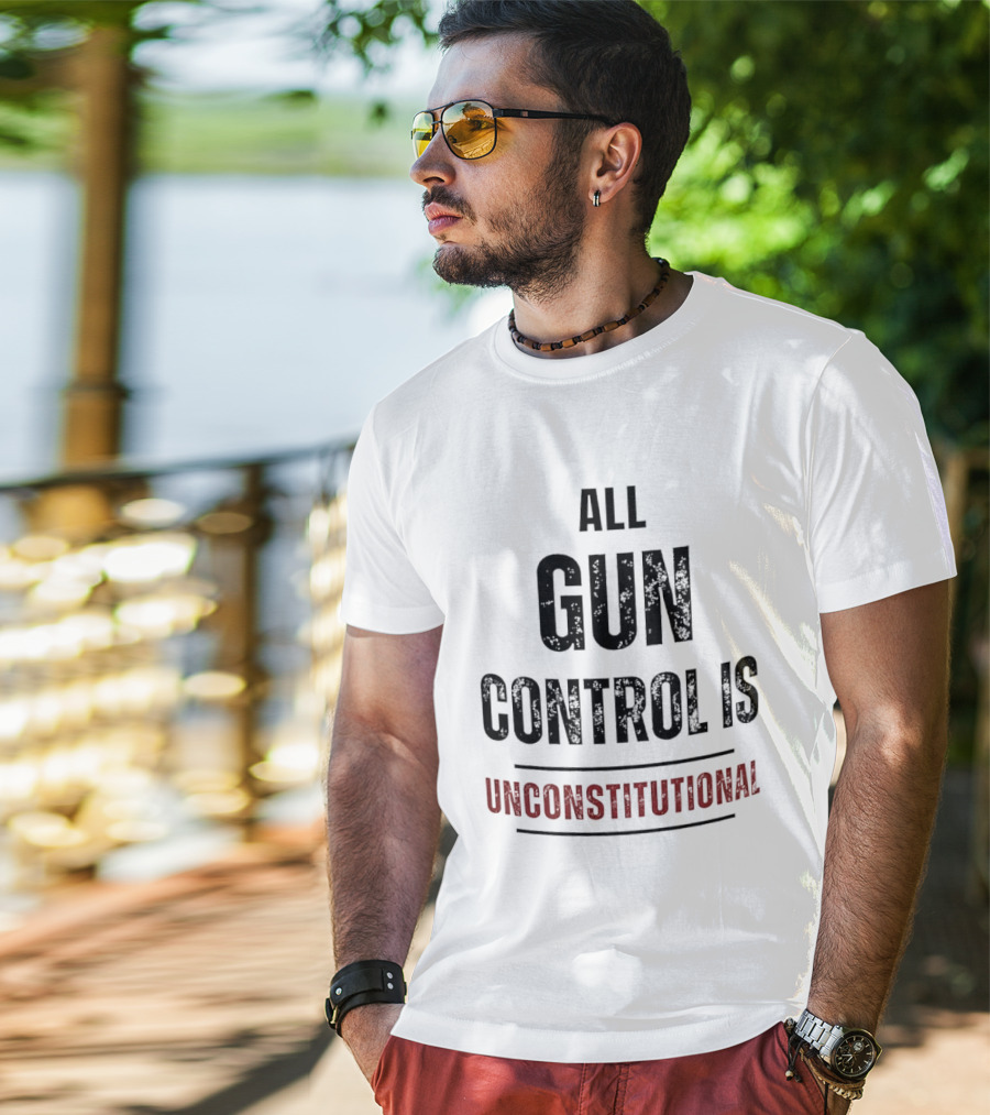 All Gun Control Is Unconstitutional Distressed Black Red Curved Lines T-Shirt