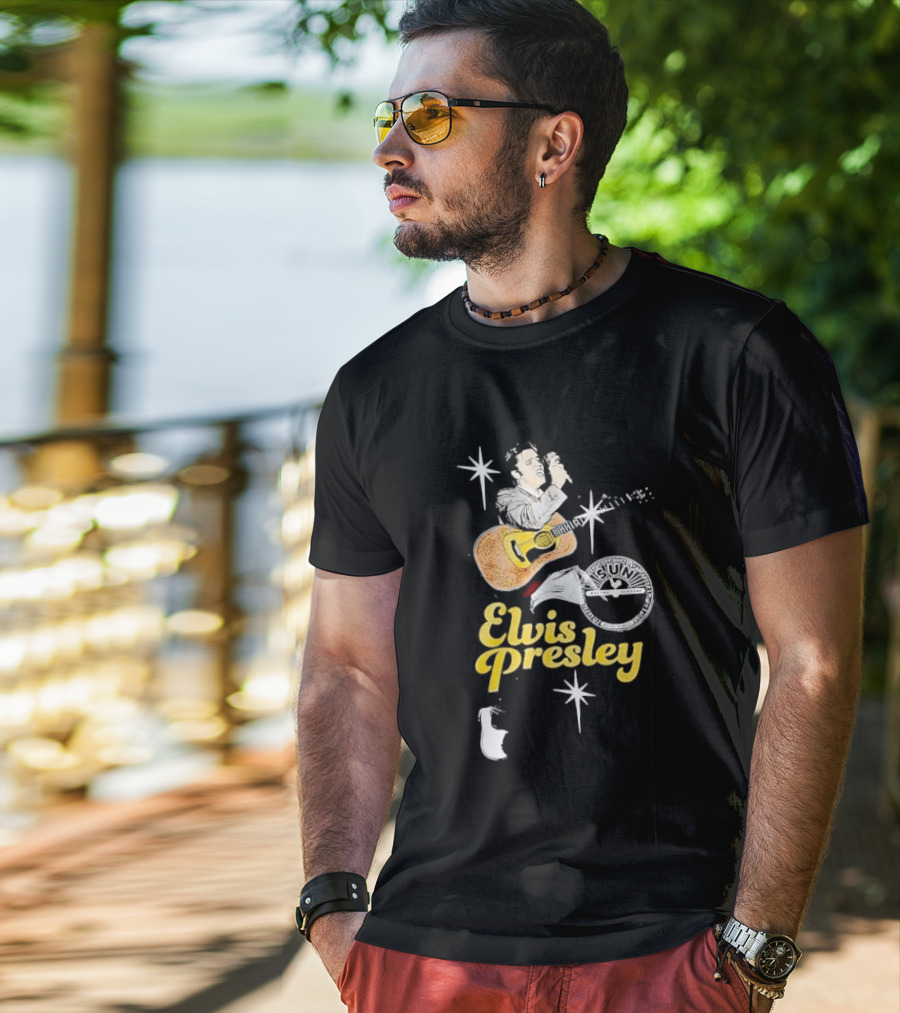 Sun Record Company Elvis Presley Playing Acoustic Guitar Starbursts T-Shirt