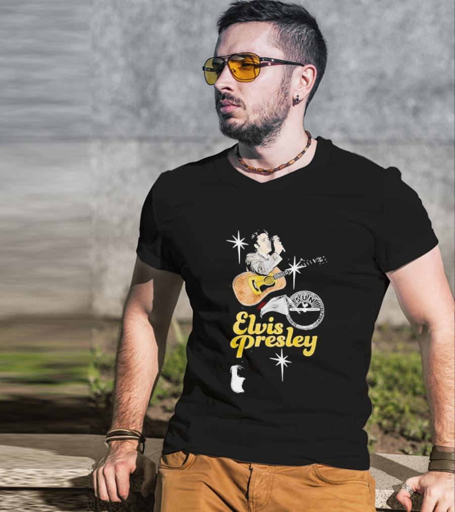 Sun Record Company Elvis Presley Playing Acoustic Guitar Starbursts T-Shirt