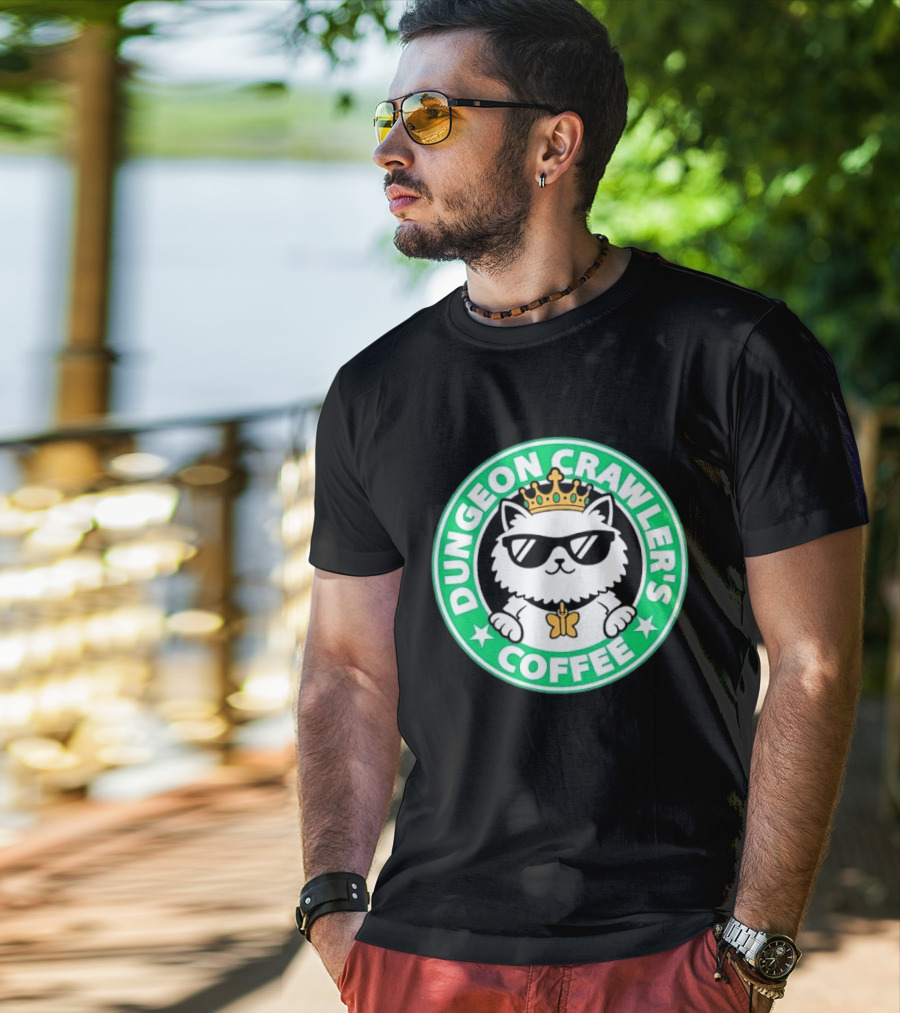 Dungeon Crawlers Coffee White Cat Crown Sunglasses T-Shirt