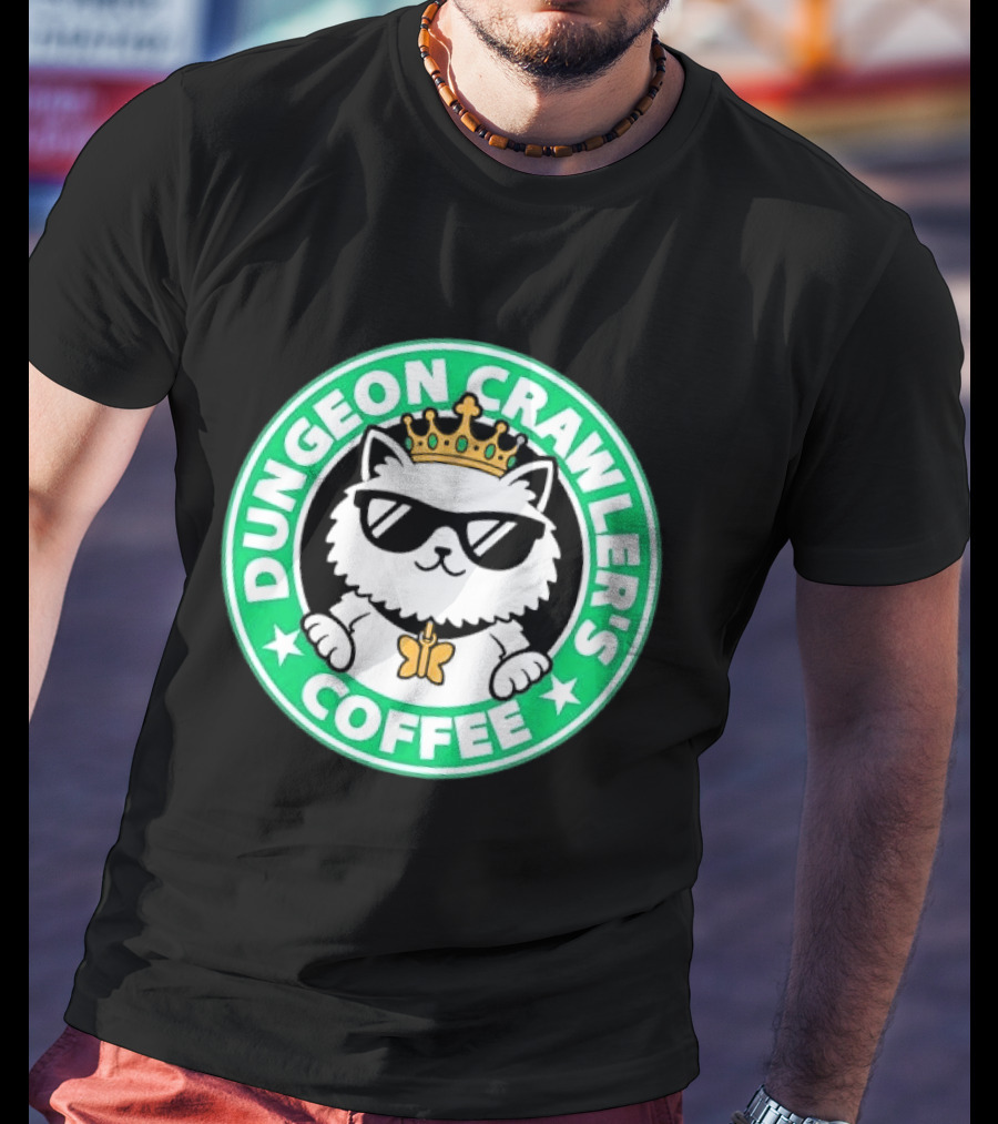 Dungeon Crawlers Coffee White Cat Crown Sunglasses T-Shirt