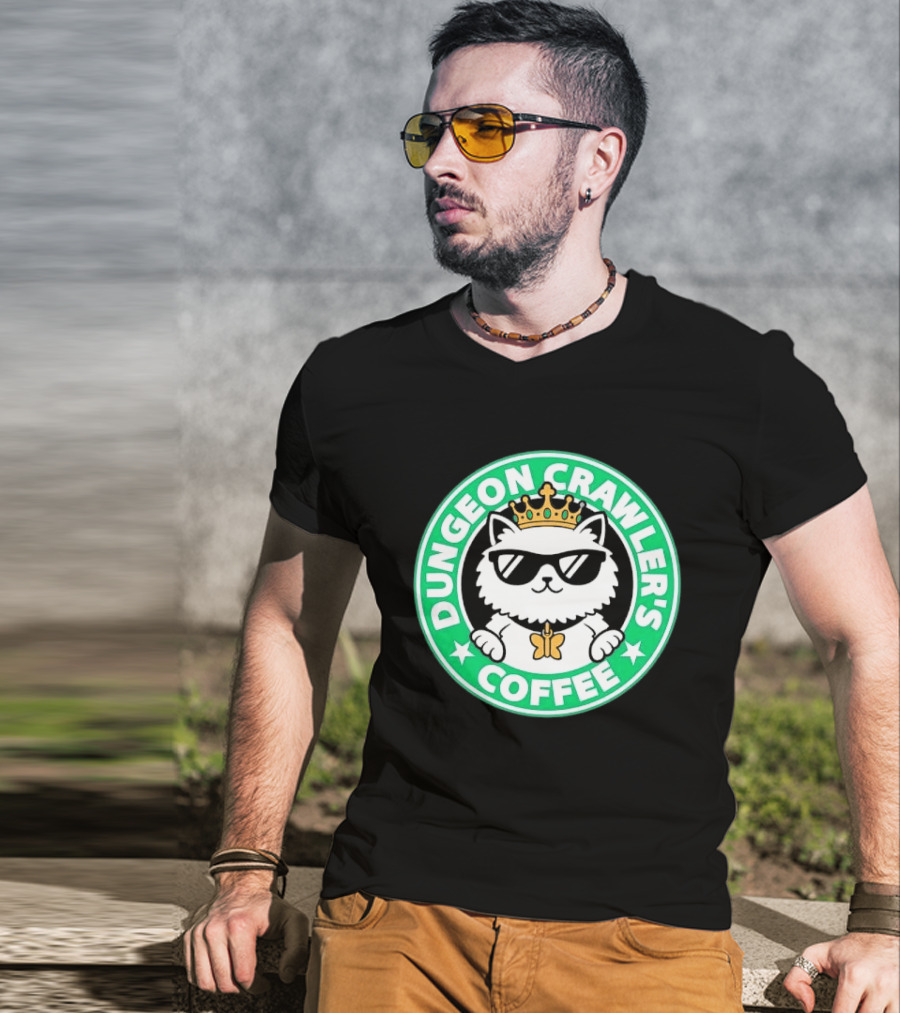 Dungeon Crawlers Coffee White Cat Crown Sunglasses T-Shirt