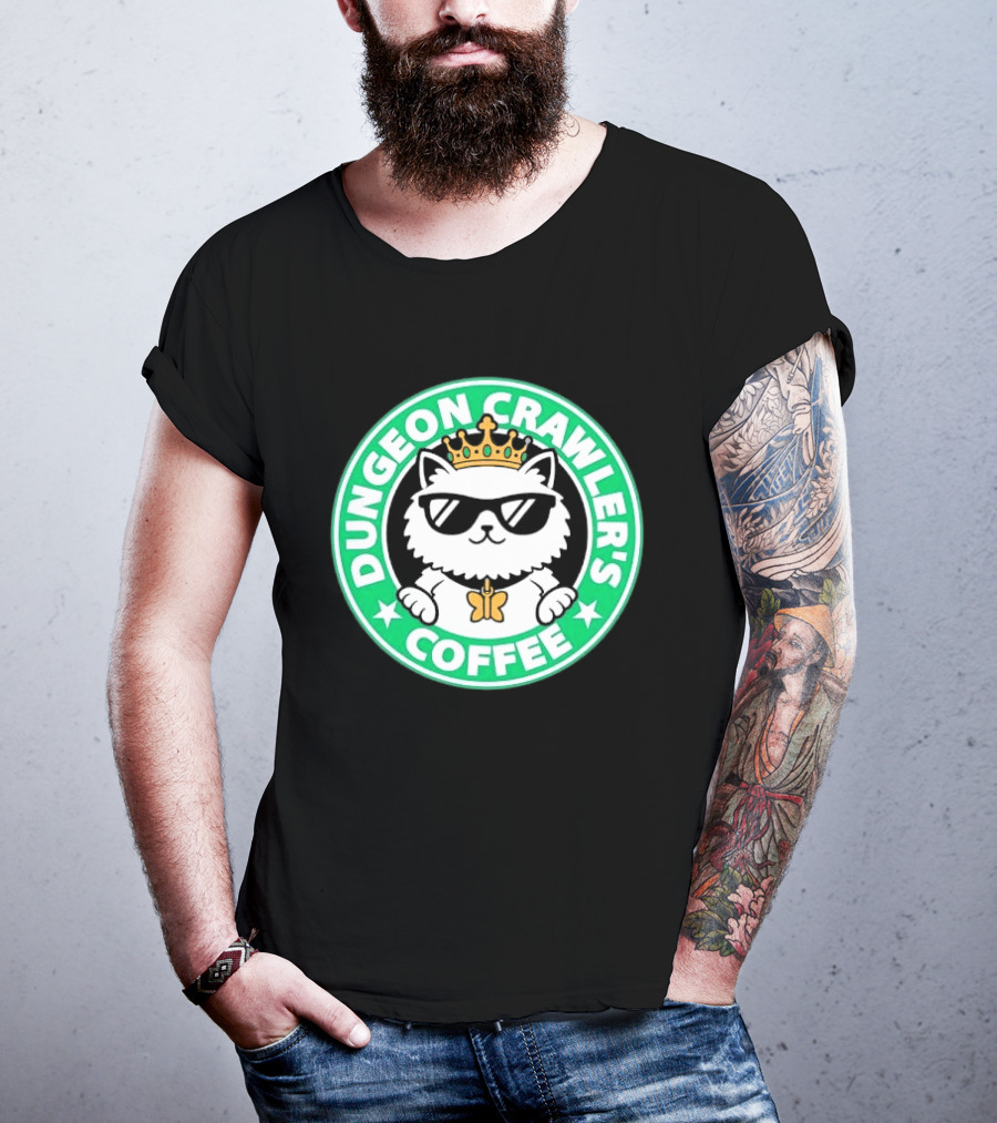 Dungeon Crawlers Coffee White Cat Crown Sunglasses T-Shirt