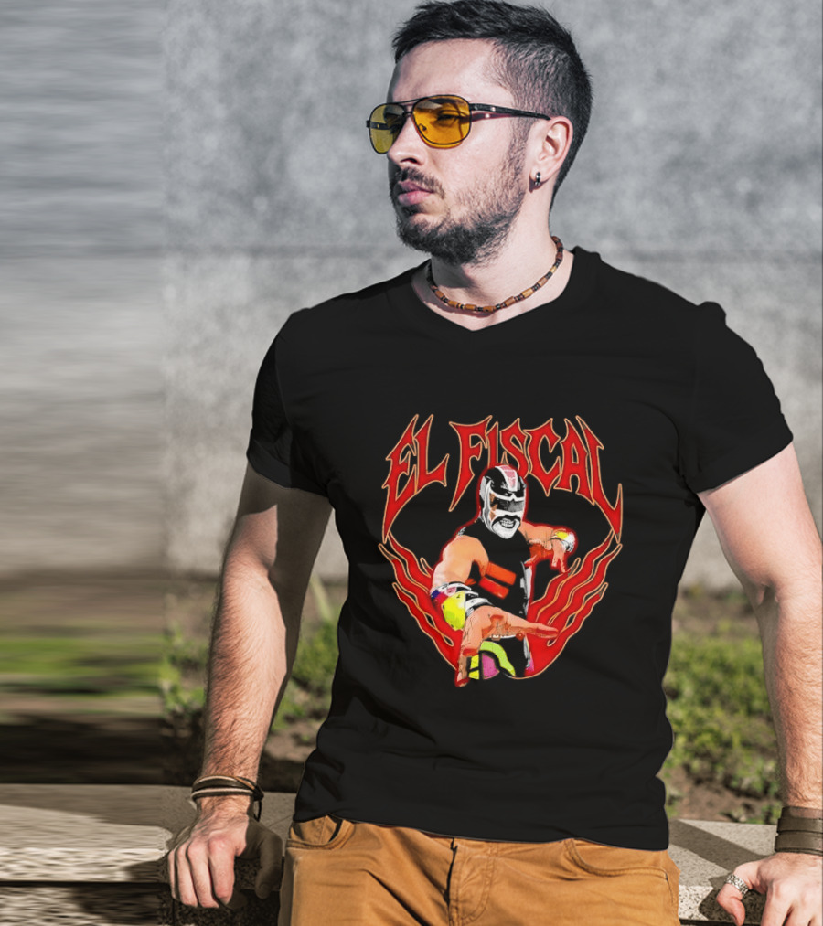 El Fiscal Masked Luchador Wrestler With Flame Hand Frame T-Shirt