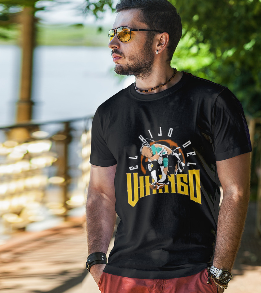 El Hijo Del Vikingo Crouching Wrestler Brown Yellow Text And Image T-Shirt