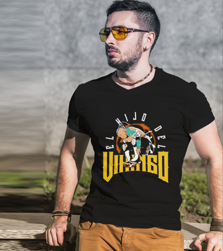 El Hijo Del Vikingo Crouching Wrestler Brown Yellow Text And Image T-Shirt