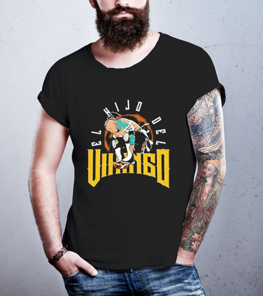 El Hijo Del Vikingo Crouching Wrestler Brown Yellow Text And Image T-Shirt
