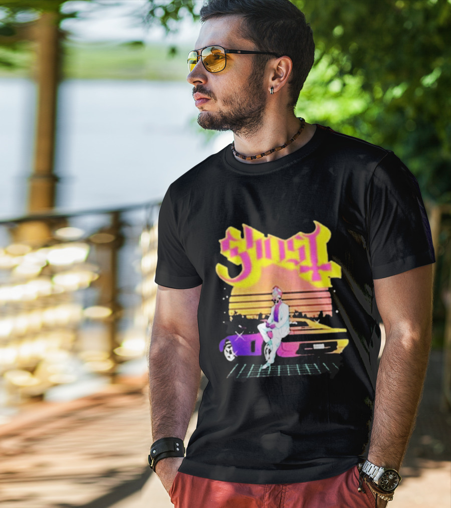 Ghost Miami Vice Retro Sunset Car Scene T-Shirt