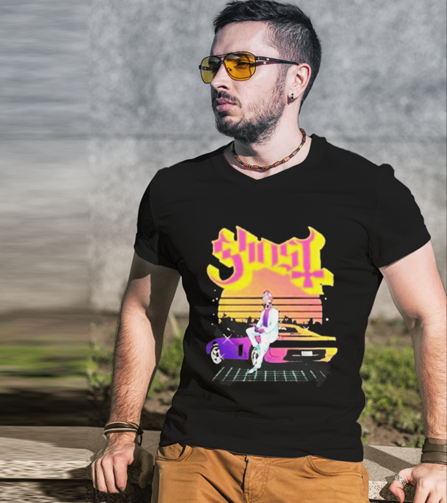Ghost Miami Vice Retro Sunset Car Scene T-Shirt