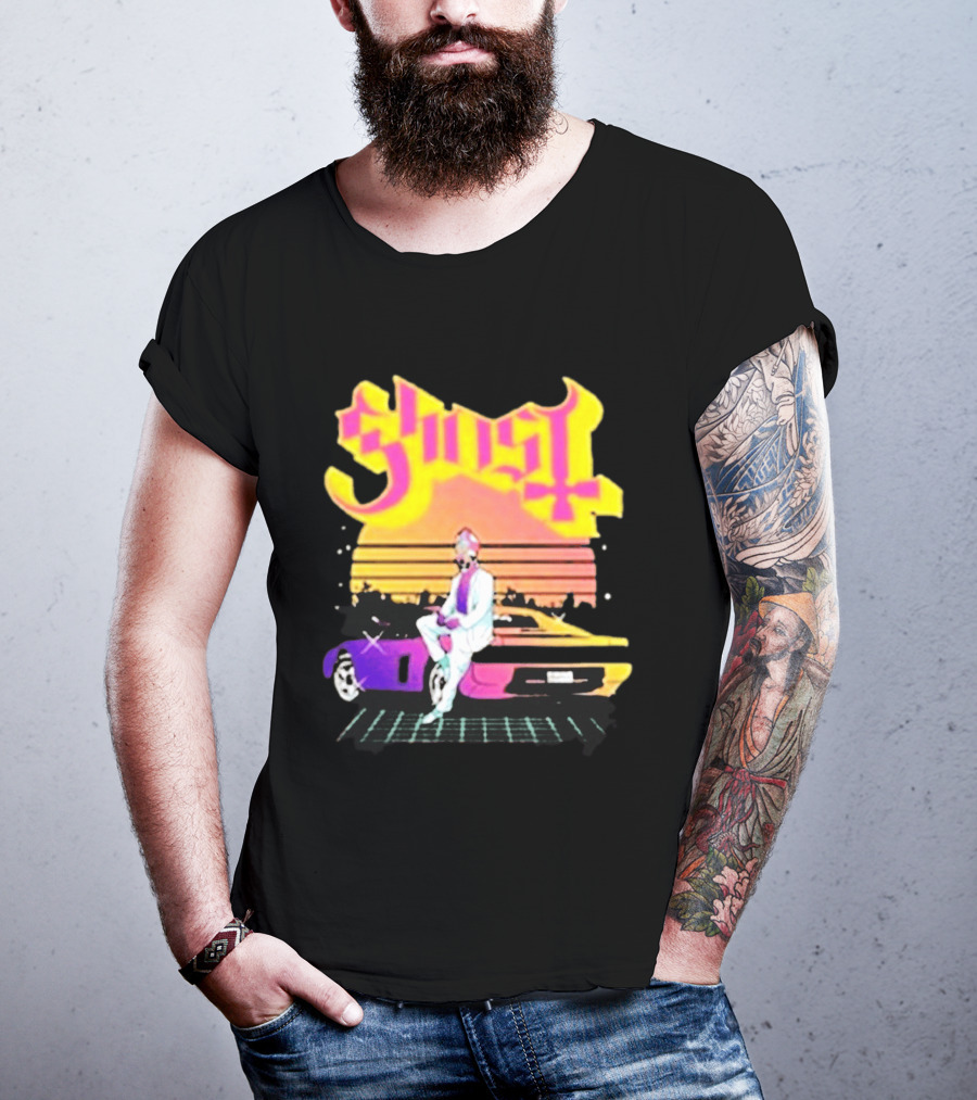 Ghost Miami Vice Retro Sunset Car Scene T-Shirt