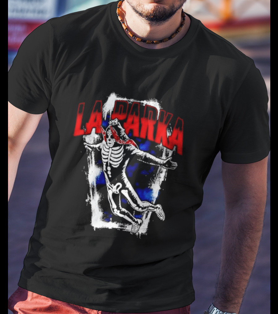 LA Parka Masked Skeleton Wrestler Jumping Distressed Frame T-Shirt