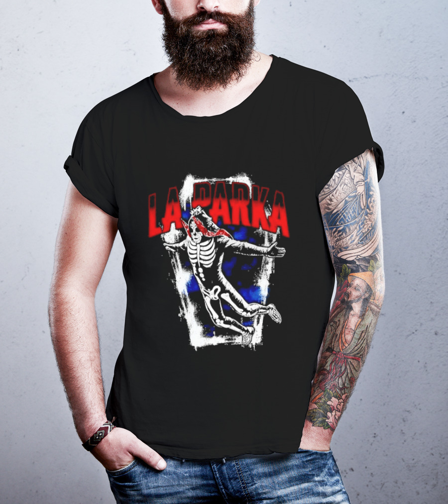 LA Parka Masked Skeleton Wrestler Jumping Distressed Frame T-Shirt
