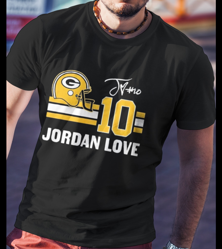 Green Bay Packers Jordan Love 10 Helmet Stripes JM Signature Distressed T-Shirt