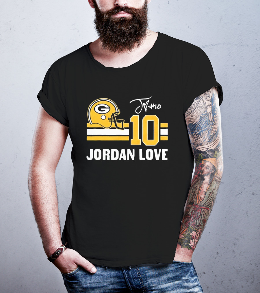 Green Bay Packers Jordan Love 10 Helmet Stripes JM Signature Distressed T-Shirt