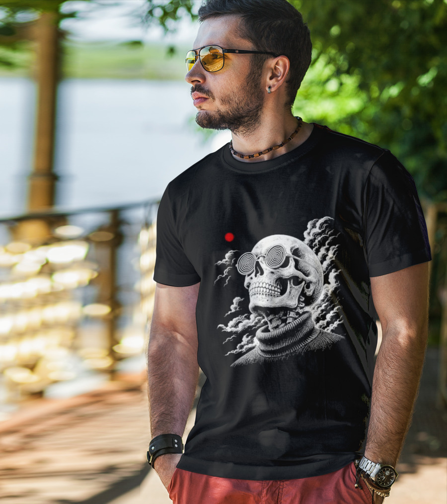 Line Skull Hypnotic Glasses Turtleneck Red Sun Clouds T-Shirt