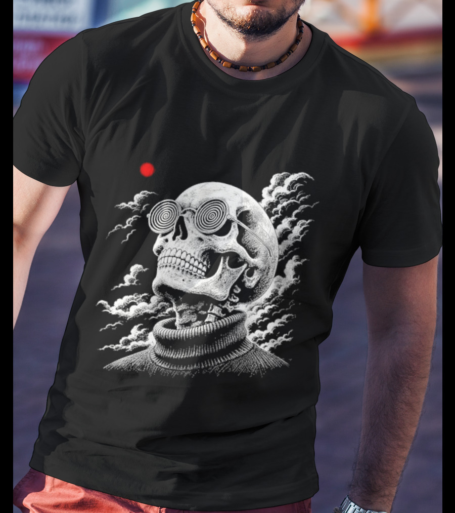 Line Skull Hypnotic Glasses Turtleneck Red Sun Clouds T-Shirt