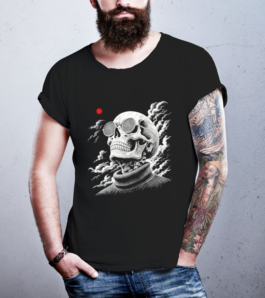 Line Skull Hypnotic Glasses Turtleneck Red Sun Clouds T-Shirt