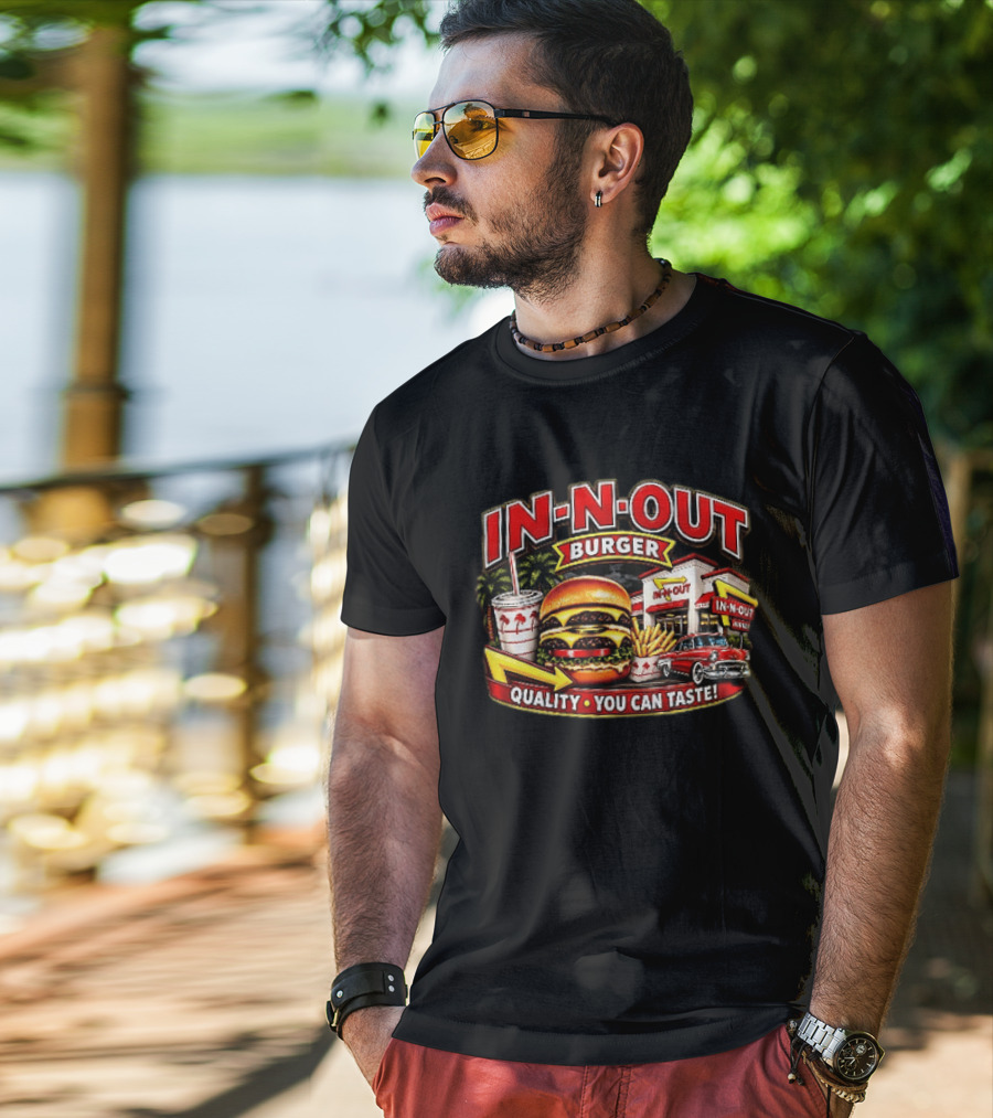 In N Out Burger Quality You Can Taste Palm Trees Classic Car Hamburger Fries Retro Restaurant Scene T-Shirt
