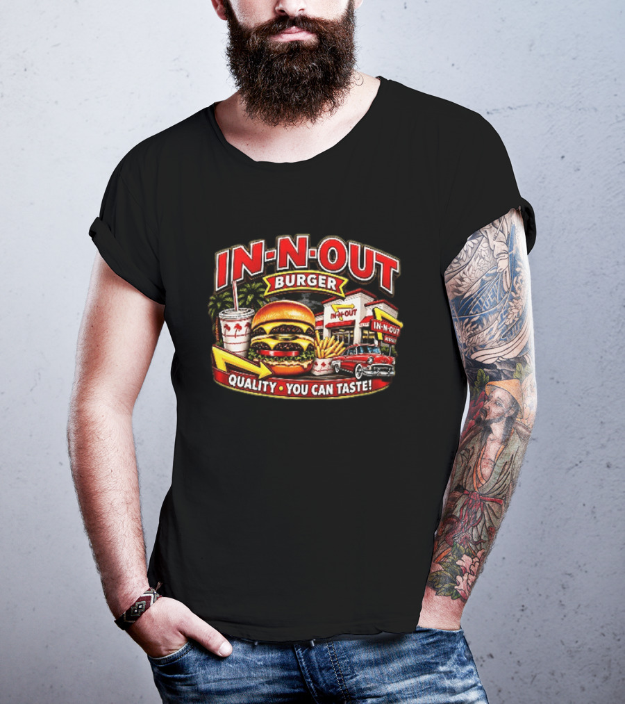 In N Out Burger Quality You Can Taste Palm Trees Classic Car Hamburger Fries Retro Restaurant Scene T-Shirt