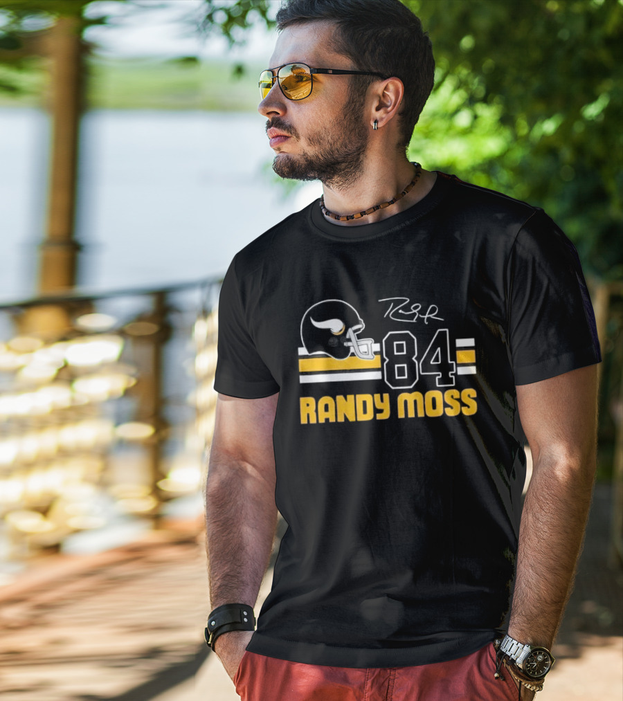 Randy Moss Minnesota Vikings 84 Helmet Stripes Autograph T-Shirt