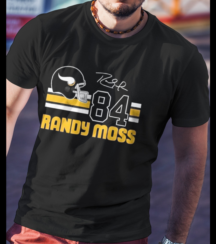 Randy Moss Minnesota Vikings 84 Helmet Stripes Autograph T-Shirt