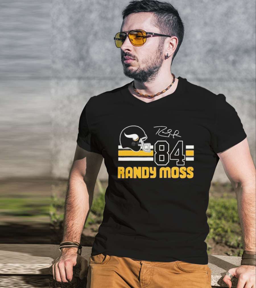 Randy Moss Minnesota Vikings 84 Helmet Stripes Autograph T-Shirt