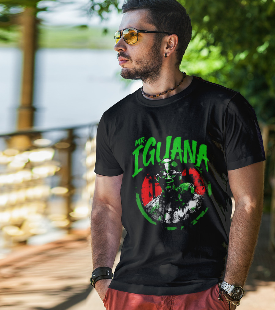 Mr Iguana Man Round Sunglasses Lizard Red Distressed Bootleg T-Shirt