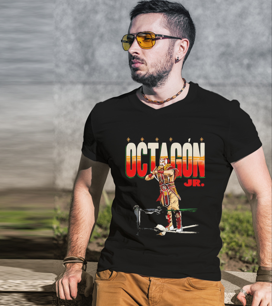 Octagon Jr Masked Lucha Libre Wrestler Ring Ropes Stars Distressed T-Shirt