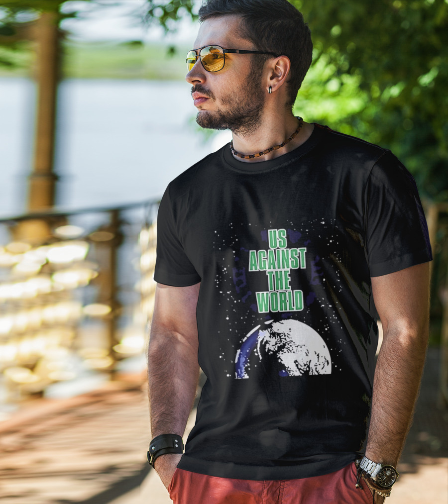 Boston Celtics Us Against The World Green Text Earth Motif T-Shirt