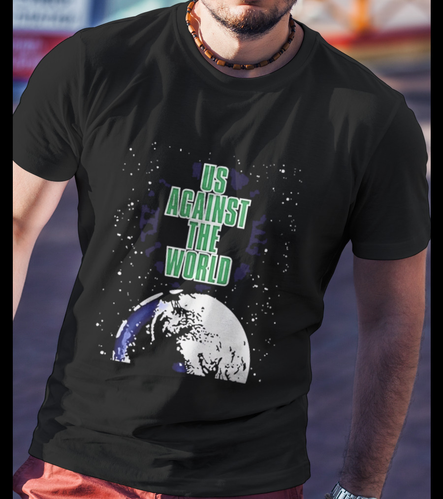 Boston Celtics Us Against The World Green Text Earth Motif T-Shirt