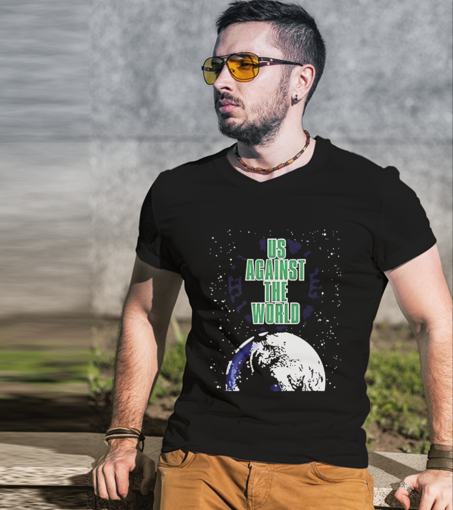 Boston Celtics Us Against The World Green Text Earth Motif T-Shirt