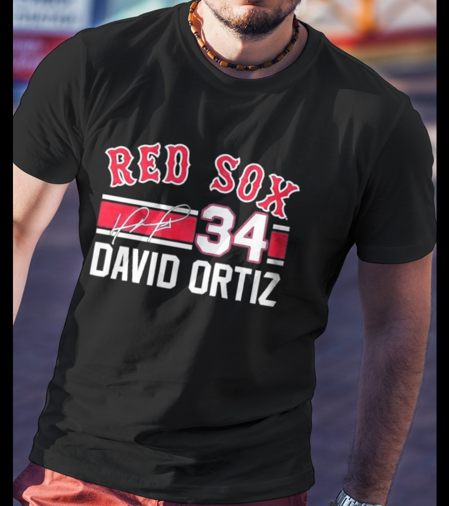 Red Sox MLB David Ortiz 34 White Stripes Distressed T-Shirt