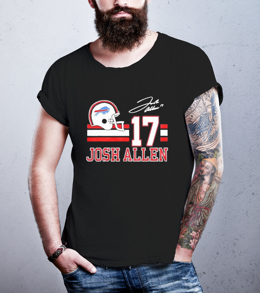 Josh Allen 17 Buffalo Bills Helmet Red Stripes Distressed T-Shirt