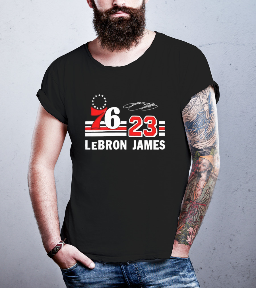 Philadelphia 76 23 Lebron James Red White Stripes Distressed T-Shirt