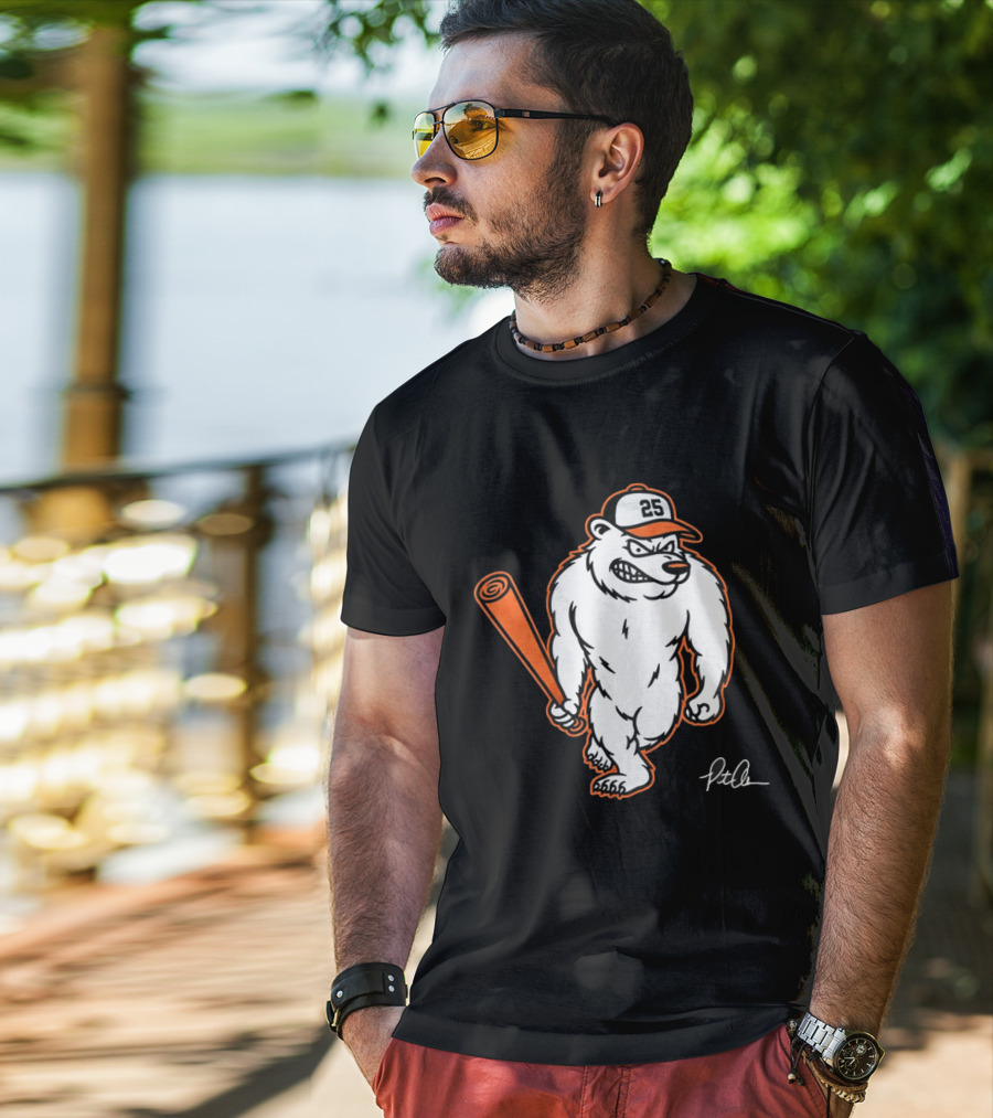 Polar Bear Pete Baseball Bear With Orange Bat And Cap Number 25 Art By Pete Alonso T-Shirt