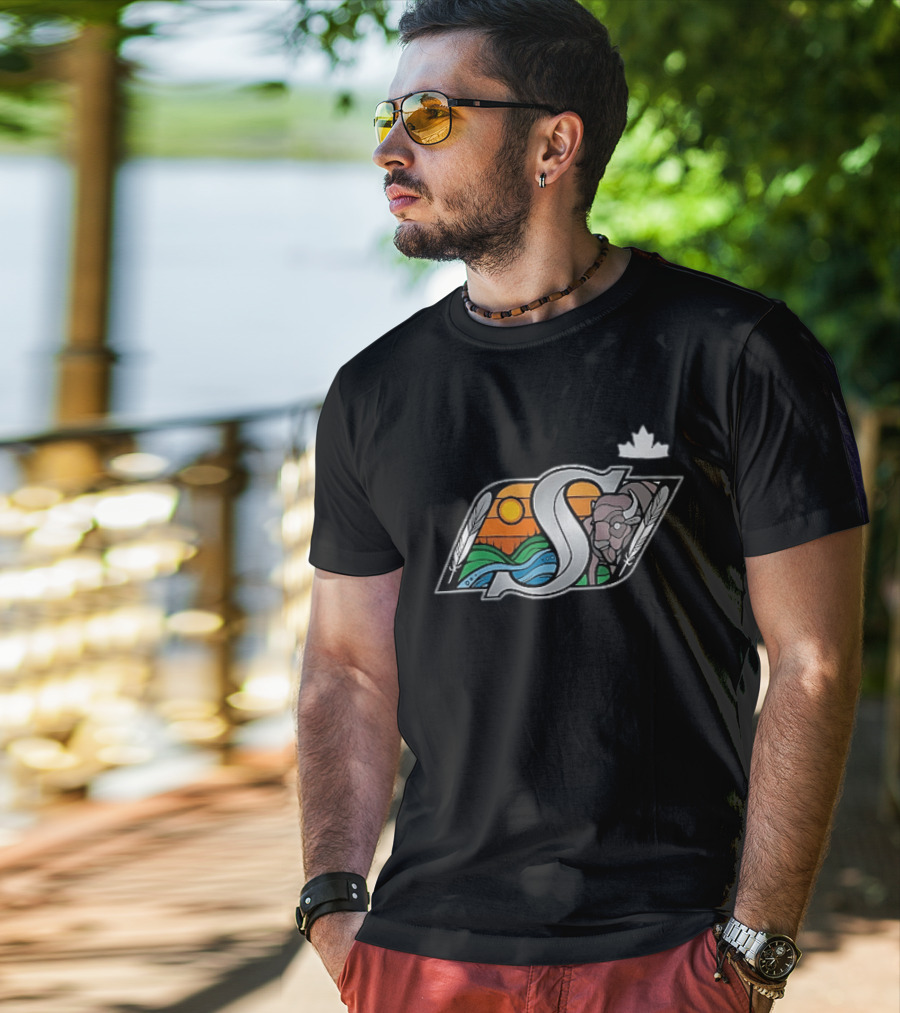 Saskatchewan Roughriders 2025 Indigenous Heritage Special Buffalo Sunrise Feather River T-Shirt