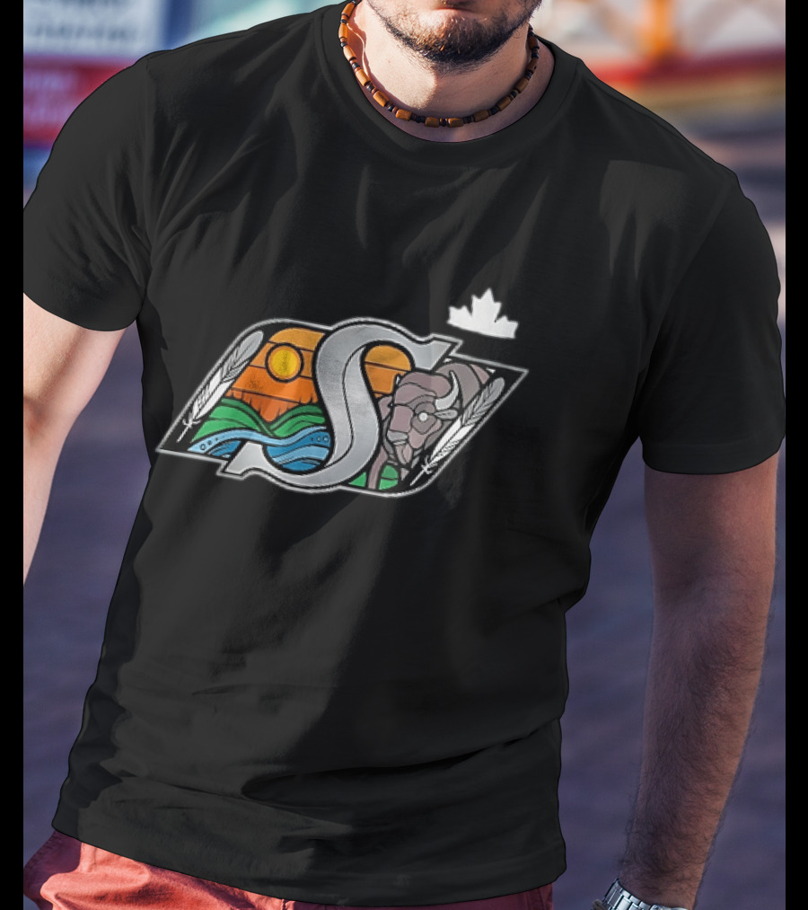Saskatchewan Roughriders 2025 Indigenous Heritage Special Buffalo Sunrise Feather River T-Shirt