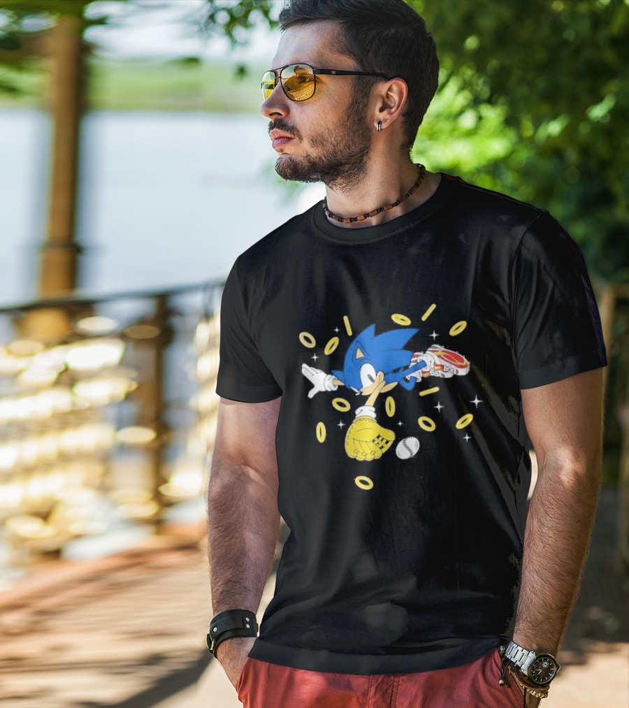 The Hedgehog Running Collecting Rings With Baseball Glove And Ball T-Shirt