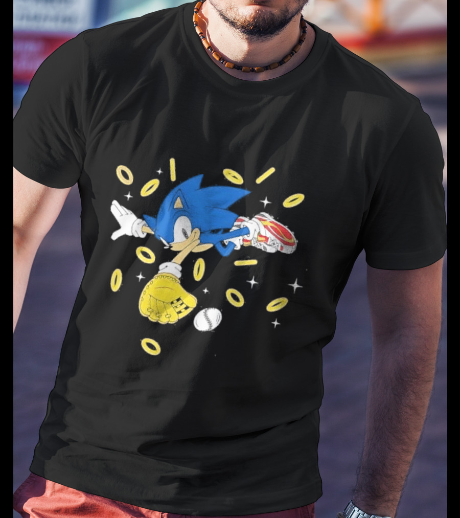 The Hedgehog Running Collecting Rings With Baseball Glove And Ball T-Shirt