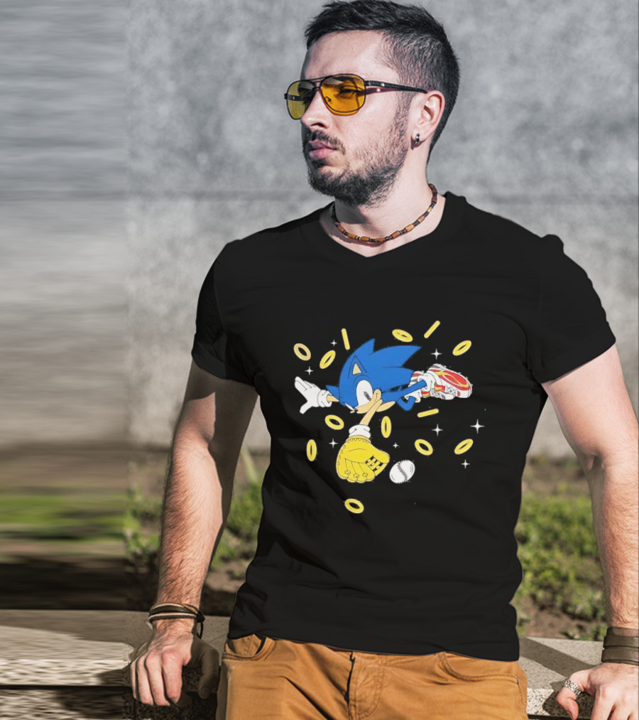 The Hedgehog Running Collecting Rings With Baseball Glove And Ball T-Shirt
