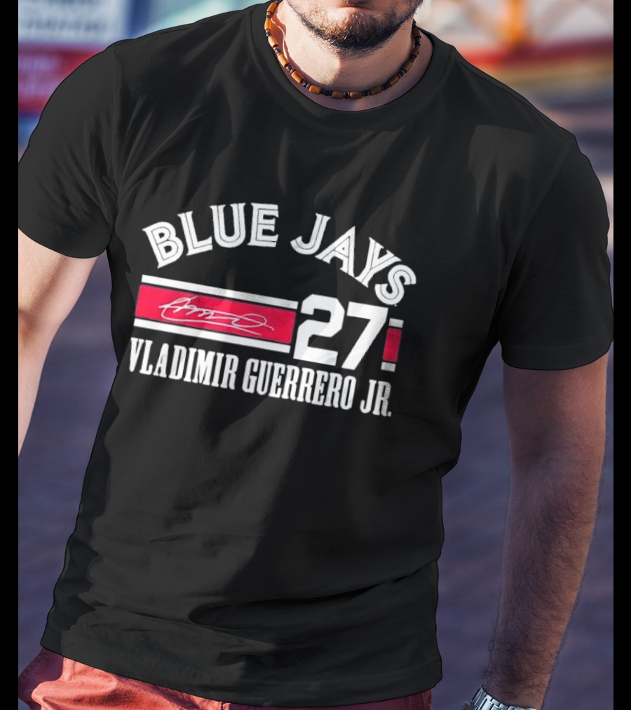 Blue Jays Vladimir Guerrero Jr 27 Red Stripe Signature Distressed T-Shirt