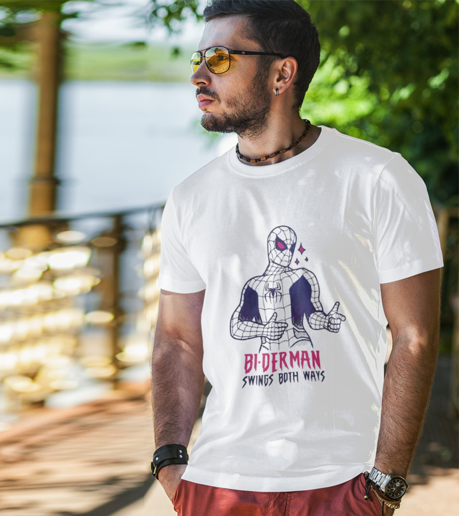 Bi Derman Swings Both Ways Spider Man LGBTQ Superhero T-Shirt
