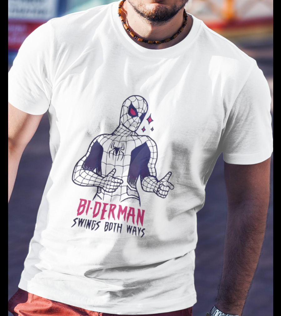 Bi Derman Swings Both Ways Spider Man LGBTQ Superhero T-Shirt