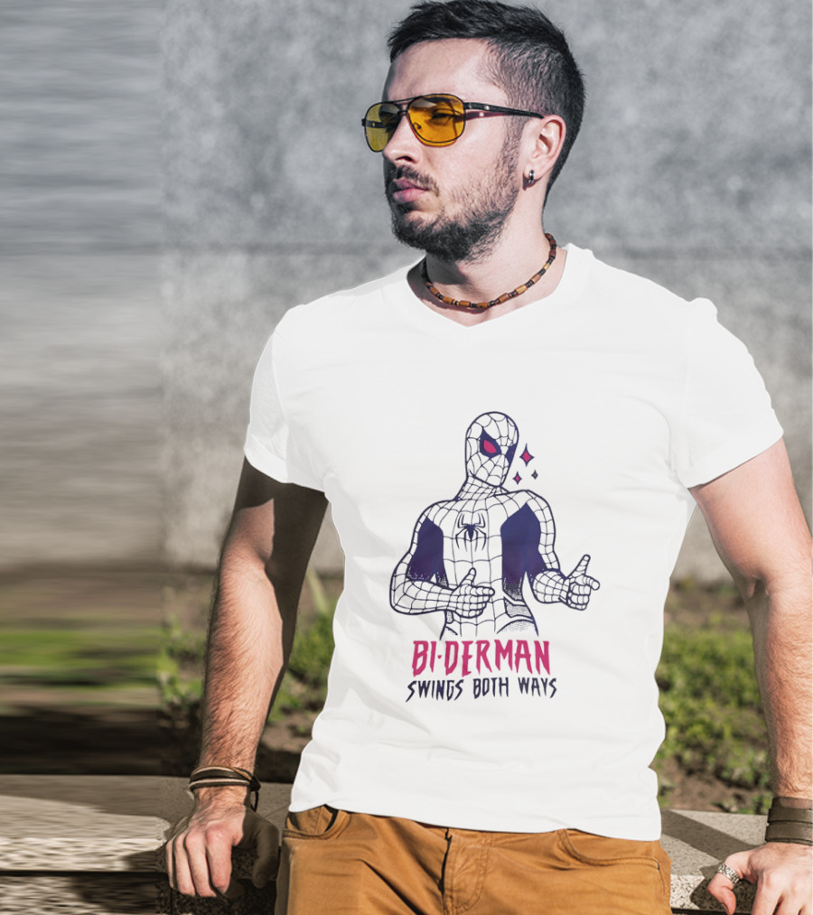 Bi Derman Swings Both Ways Spider Man LGBTQ Superhero T-Shirt
