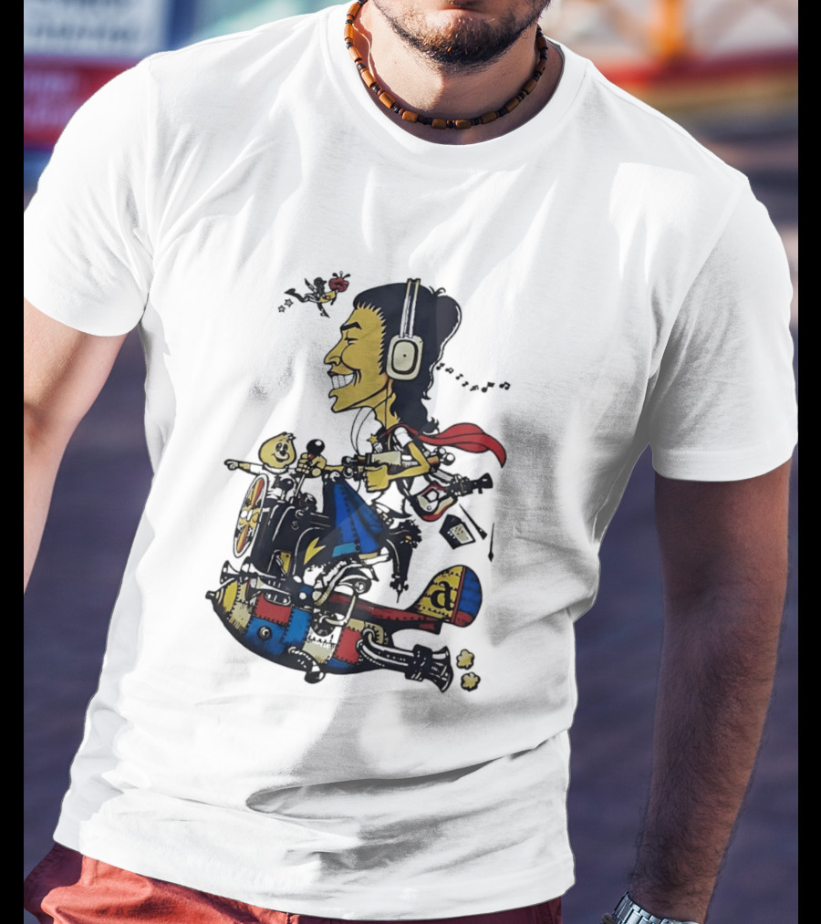 Cartoon Caricature Man With Headphones Riding Flying Rocket Airplane T-Shirt