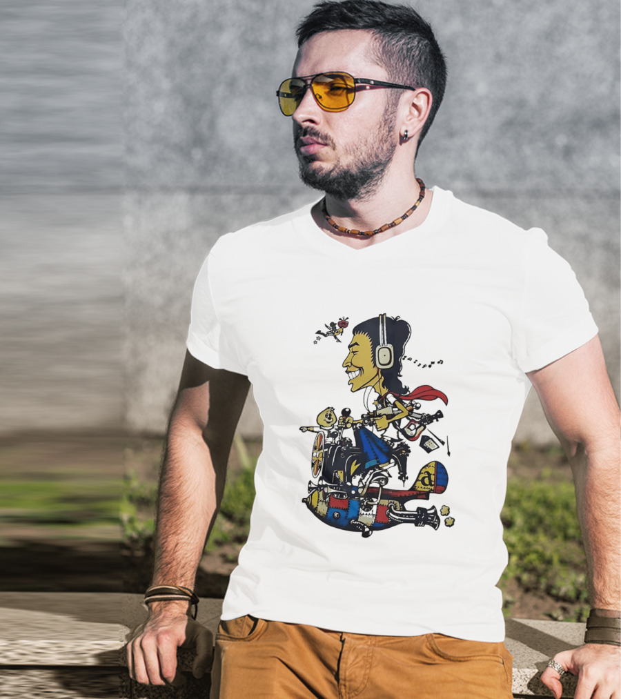 Cartoon Caricature Man With Headphones Riding Flying Rocket Airplane T-Shirt
