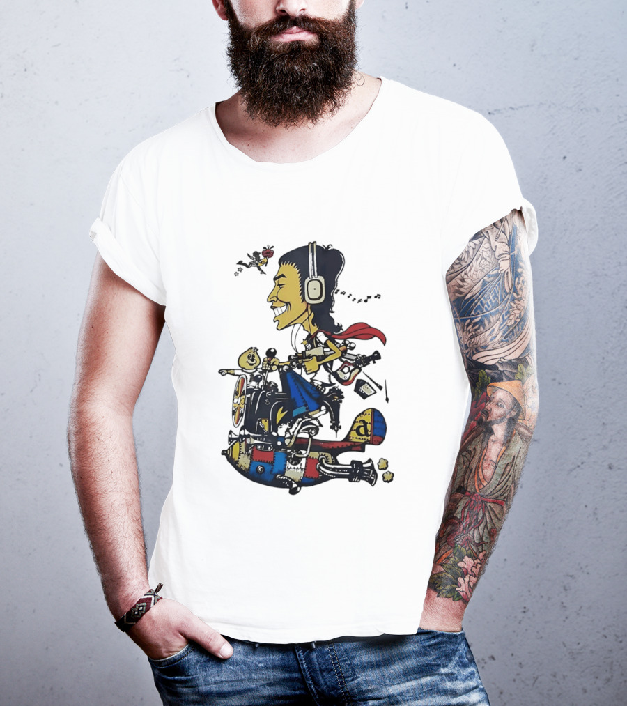 Cartoon Caricature Man With Headphones Riding Flying Rocket Airplane T-Shirt