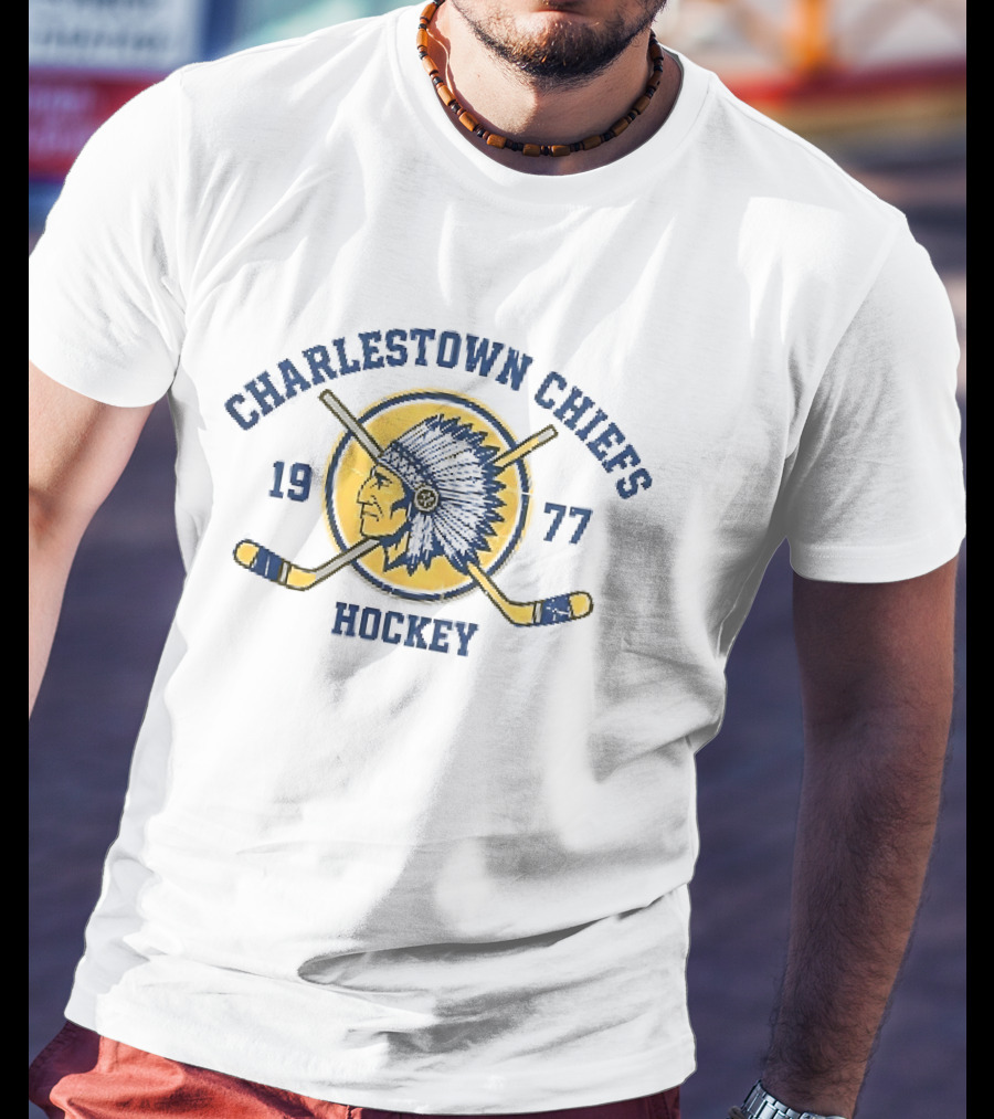 Charlestown Chiefs 1977 Hockey Team Logo With Vintage Native American Head And Crossed Hockey Sticks T-Shirt